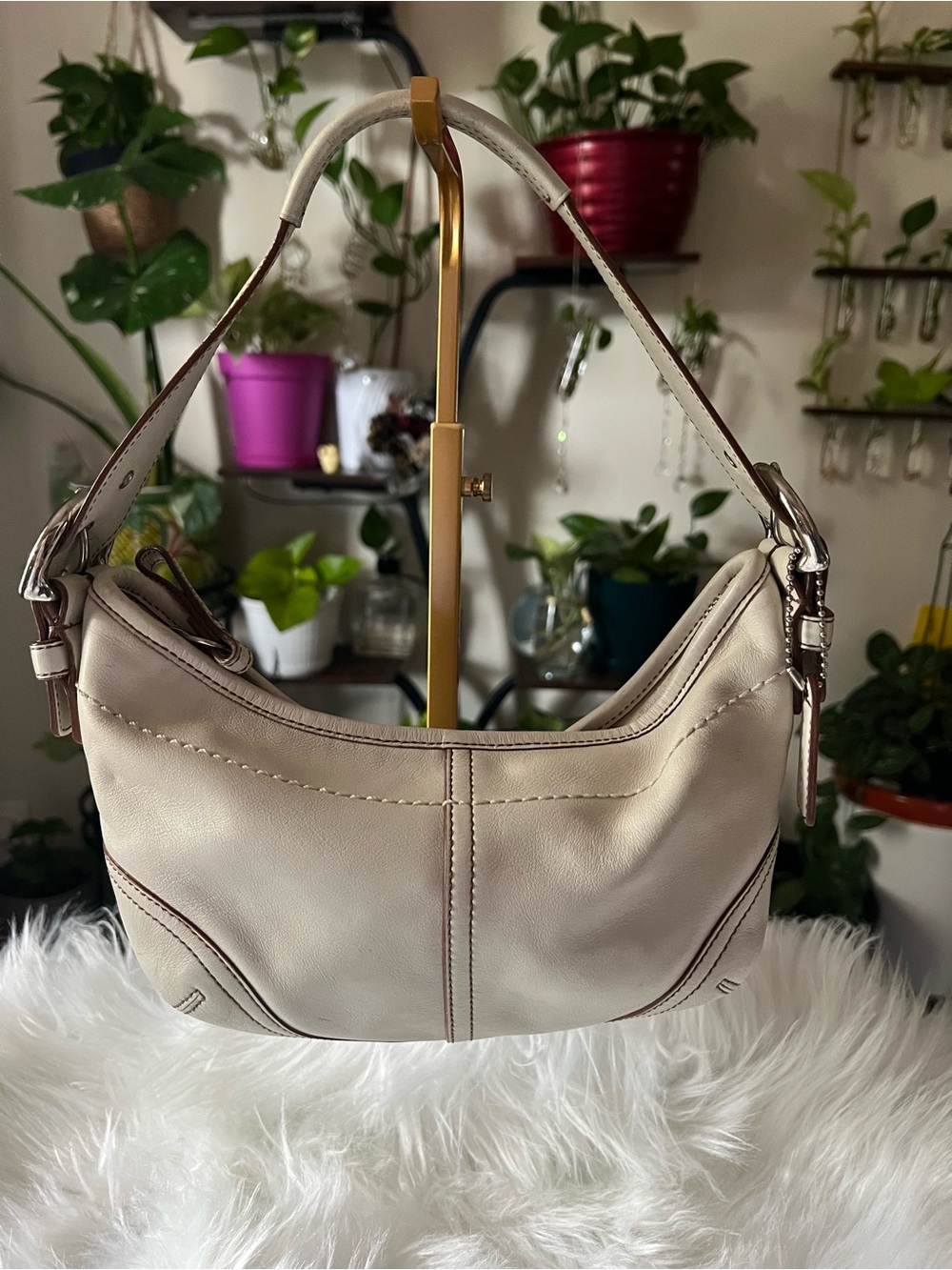 Coach Cream Leather Shoulder Bag with Contrast Trim
